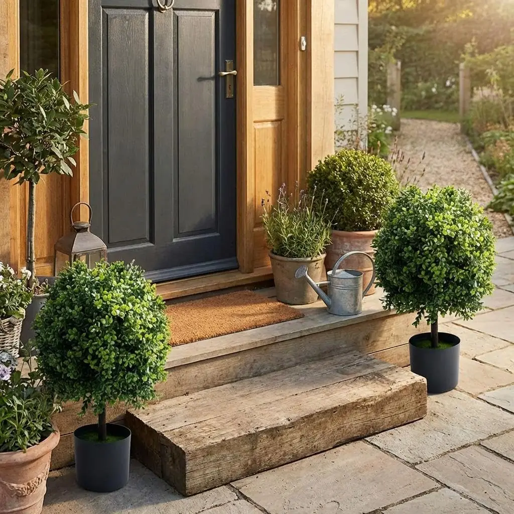 Boules décoratives artificielles en buis, lot de 2 - 50 cm/20 po - Plantes artificielles topiaires en pot - Décoration persistante pour l'intérieur et l'extérieur - Idéal pour les entrées de maison, les patios et les balcons