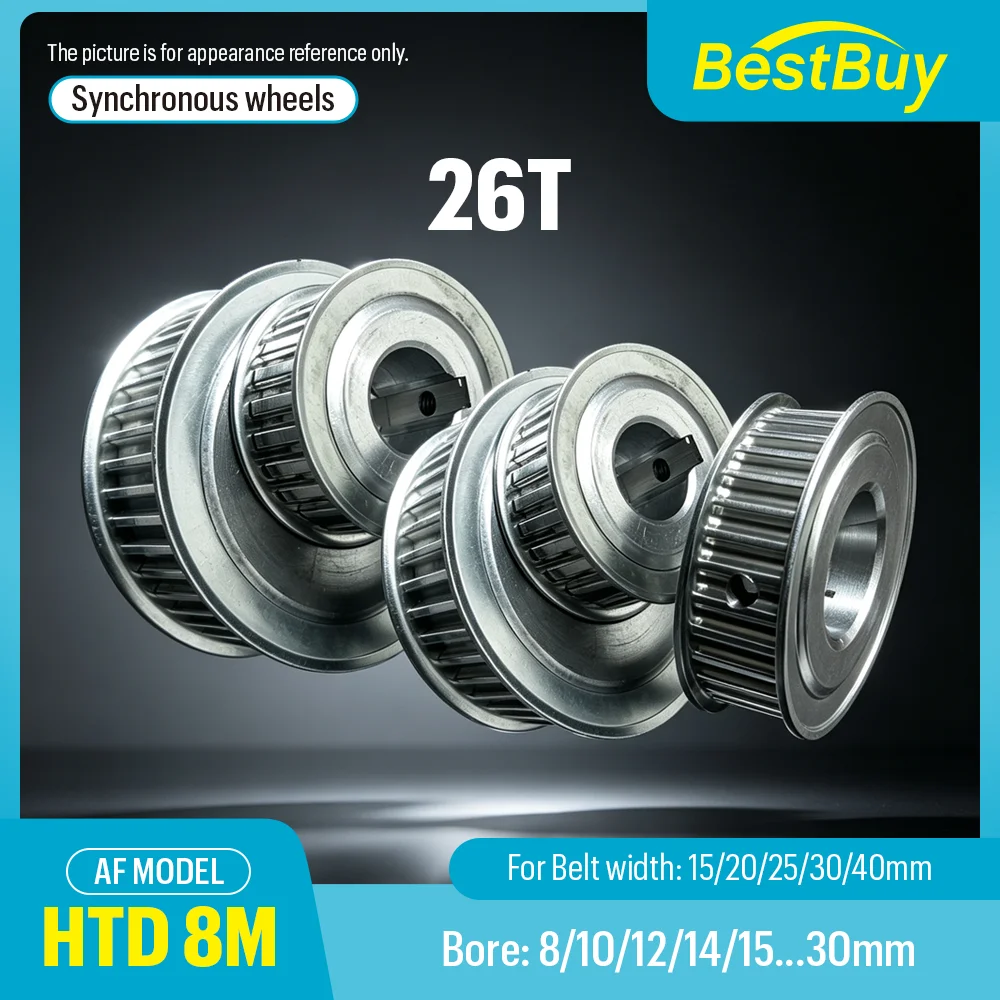 26T HTD 8M AF Type Timing Pulley, Bore 8–30mm, Slot Width 16/21/27/32/42mm, for 15/20/25/30/40mm 8M Timing Belt, Pitch 8mm