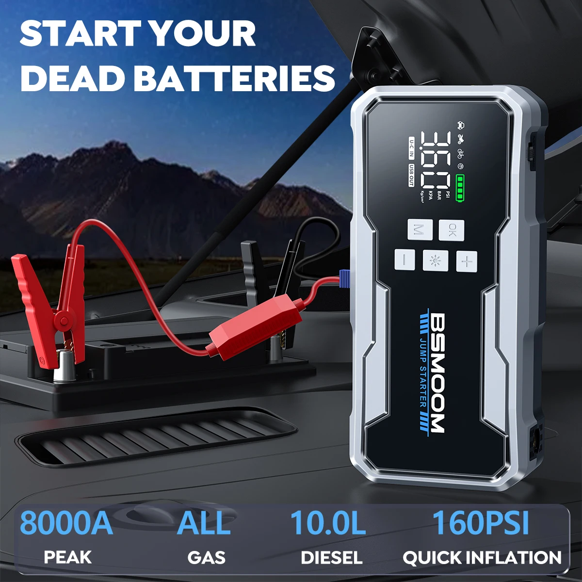BSMOOM 4-IN-1 Car Jump Start with Air Compressor Peak 150PSI Air Pump 8000A Auto  Battery Booster Portable Power Bank - AliExpress