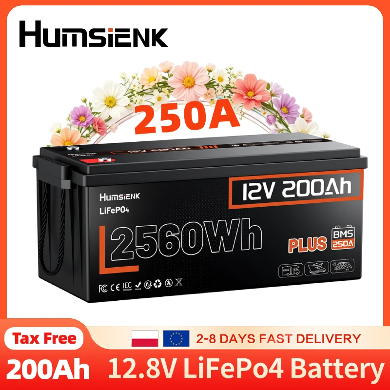 Humsienk 12V 200Ah LiFePO4 Battery, Built-in 250A BMS, 6000 Deep Cycles, 2560Wh,Low Temp Protection Lithium Iron Phosphate Battery for Home Energy, RV, Trolling Motor, Marine, Solar, Off-Grid