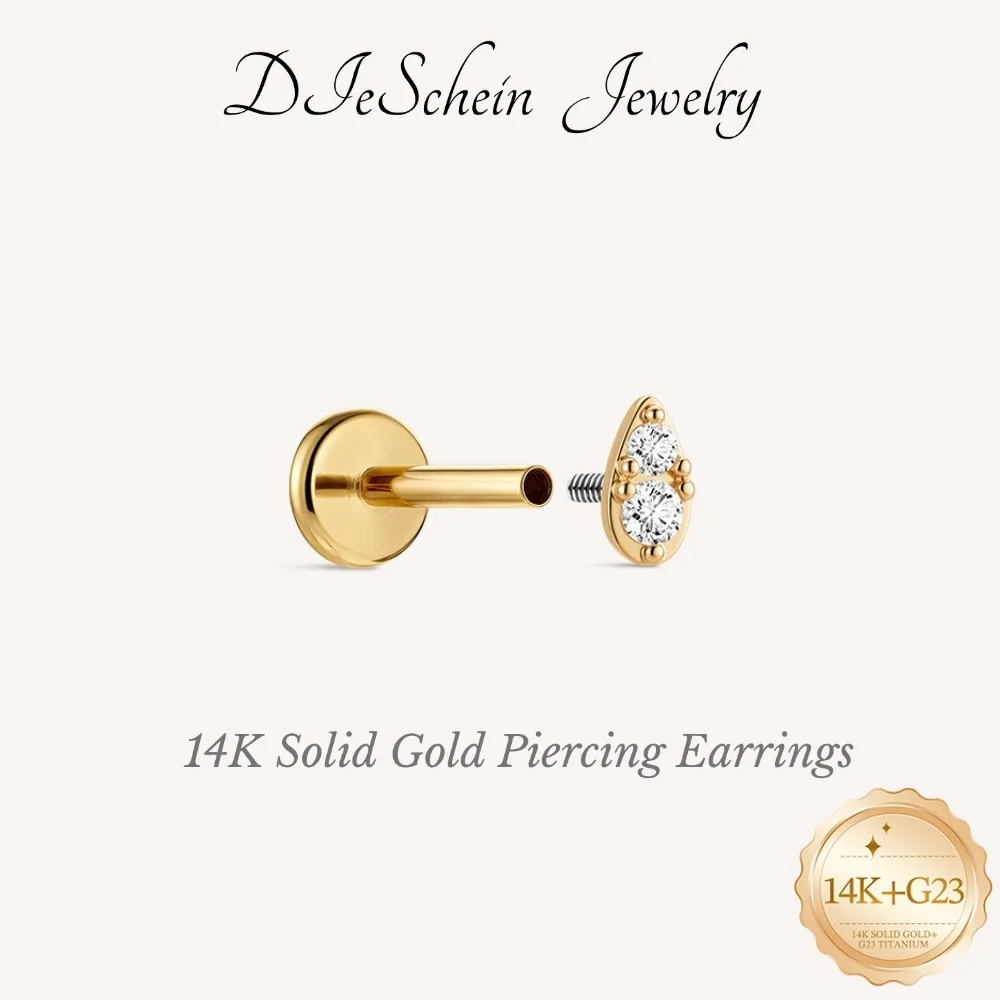 DIeSchein 14K Solid Gold Flat Back Earring Stud Internal Thread Cartilage Helix Piercing Jewelry Women Minimalist Earring