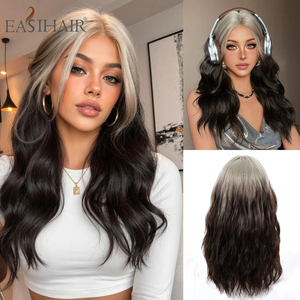 Long Wavy Ombre Wig Silver Grey to Black Curtain Bangs Middle Part Natural Synthetic Heat Resistant Fiber for Women Daily Party