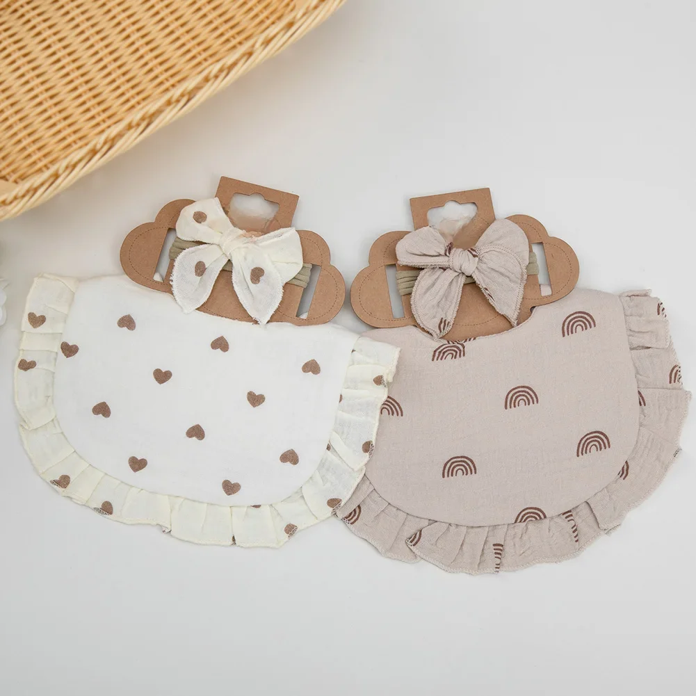 Bavoirs en mousseline de coton pour bébé, bord à volants, nœuds de cheveux, bandeaux pour filles, imprimé floral, serviette de salive, tissus d'alimentation, écharpe, 2 pièces/ensemble