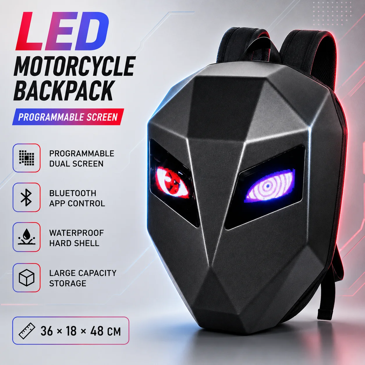 Programowalny plecak motocyklowy z diodami LED, plecak z podwójnym wyświetlaczem LED sterowany aplikacją Bluetooth, wodoodporny plecak na laptopa z PVC o dużej pojemności, plecak podróżny z