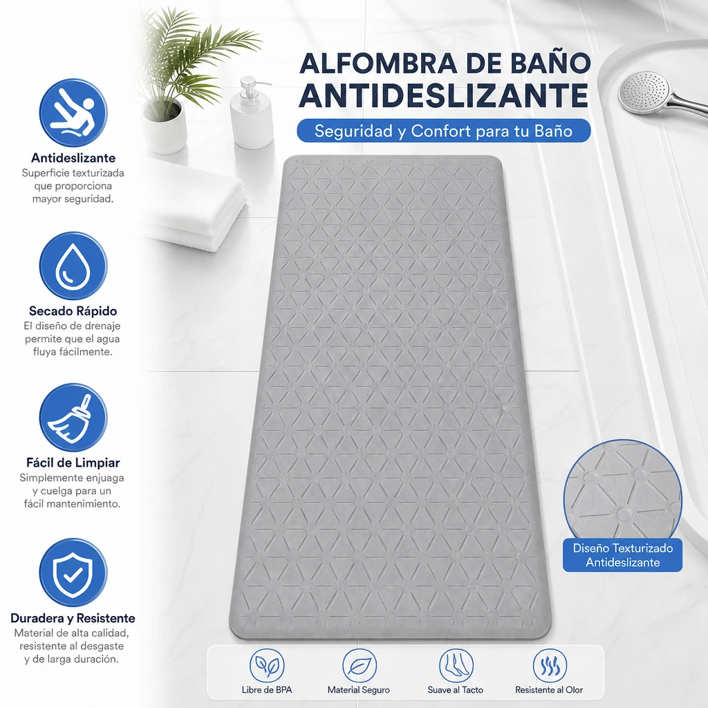 Tapis de salle de bain antidérapant 37,5x66 cm en PVC sans BPA, texture géométrique, drainage rapide, 4 couleurs (blanc, gris, bleu, marron), sûr pour la douche et la baignoire, lavable et réutilisable