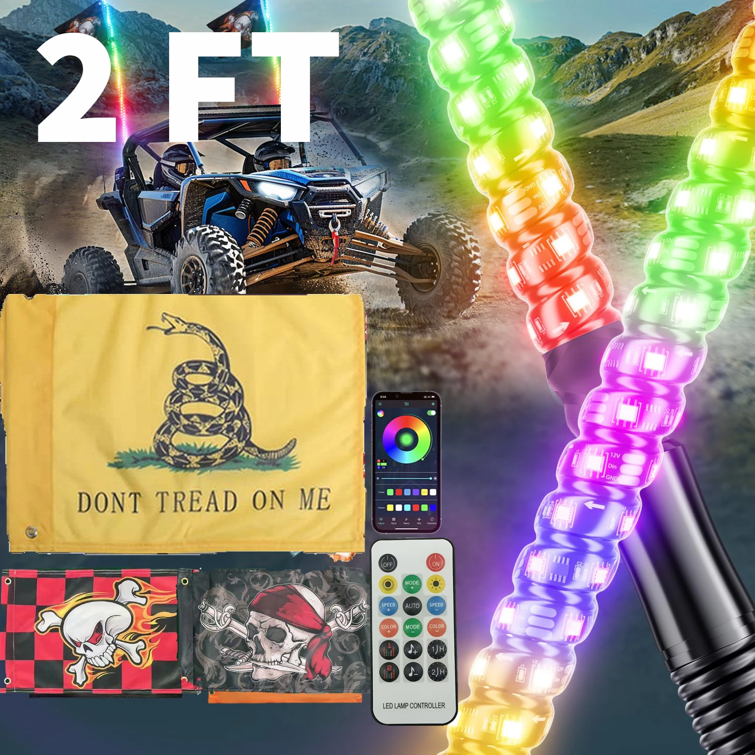 2 قطعة 2FT LED أضواء السوط ، التحكم عن بعد مقاوم للماء سارية العلم هوائي السياط ، ل UTV ، ATV ، الطرق الوعرة ، شاحنة ، الرمال ، عربات التي تجرها الدواب الكثبان الرملية ، RZR