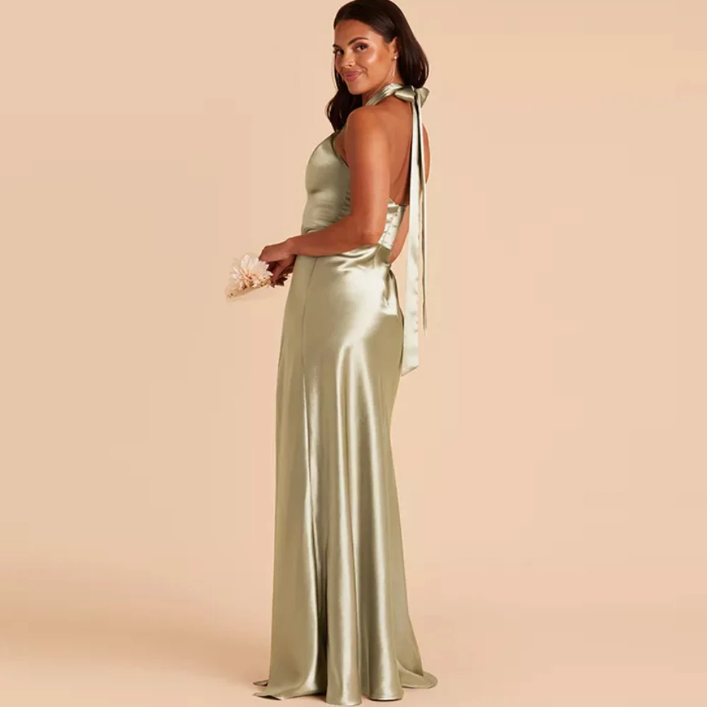 Enoch Halter Side Slit Bruidsmeisje Jurken Eenvoudige Mouwloze Satin Party Jurken Sweep Trein Strand Vestidos De Fiesta Open Back