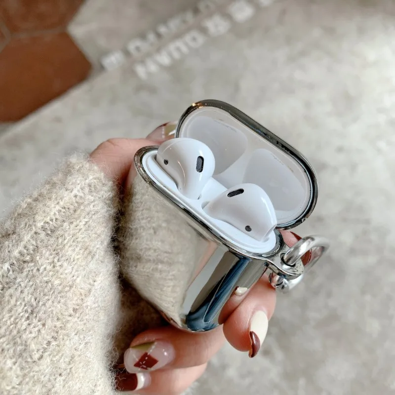 Xnyocn Electroplate Earphone Case For Airpods 1 2 3 Simple Protective Cover For Airpods Pro Case Silver Metal With Keychain Box