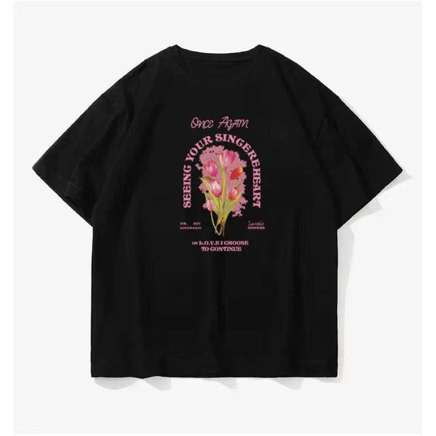 Give flower to life Printed American Short Sleeve T-Shirt Couple's Half Sleeve Tops Men's and Women's Street