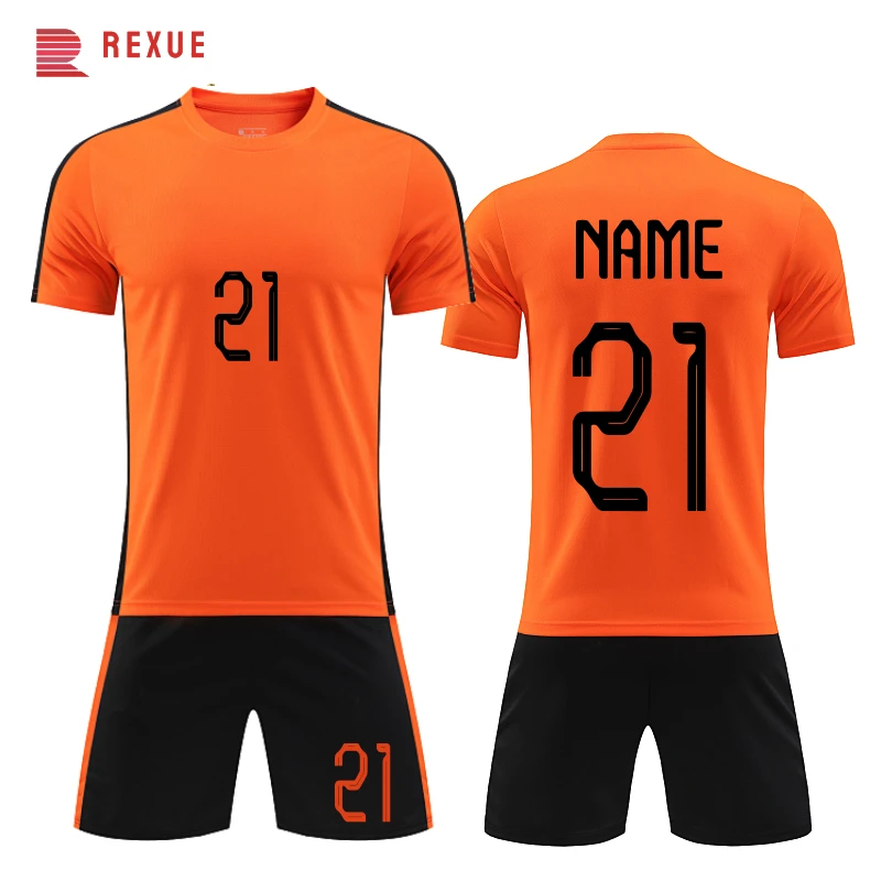 Custom Orange Soccer Jersey Set Men Blank Classic Football Kits Sportswear Clockwork Style Shirt Shorts Training Uniform