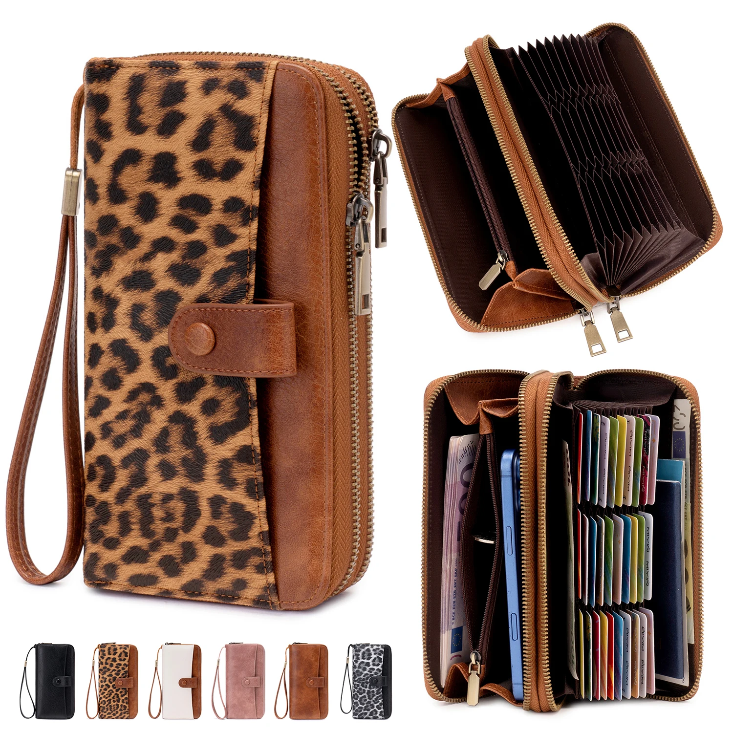 Stilvolle Damen-Langbörse mit Doppelreißverschlüssen, großer Kapazität, Akkordeon-Kartenhalter, Clutch, Retro-PU-Leder-Münzbörse, Unisex