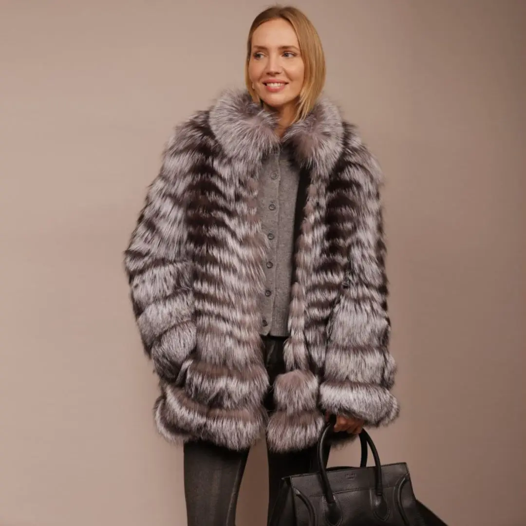 Mid-length Real Silver Fox Fur Coat Stand Collar High Quality Genuine Leather Natural Silver Fox Fur Jacket Luxury Woman Outfit