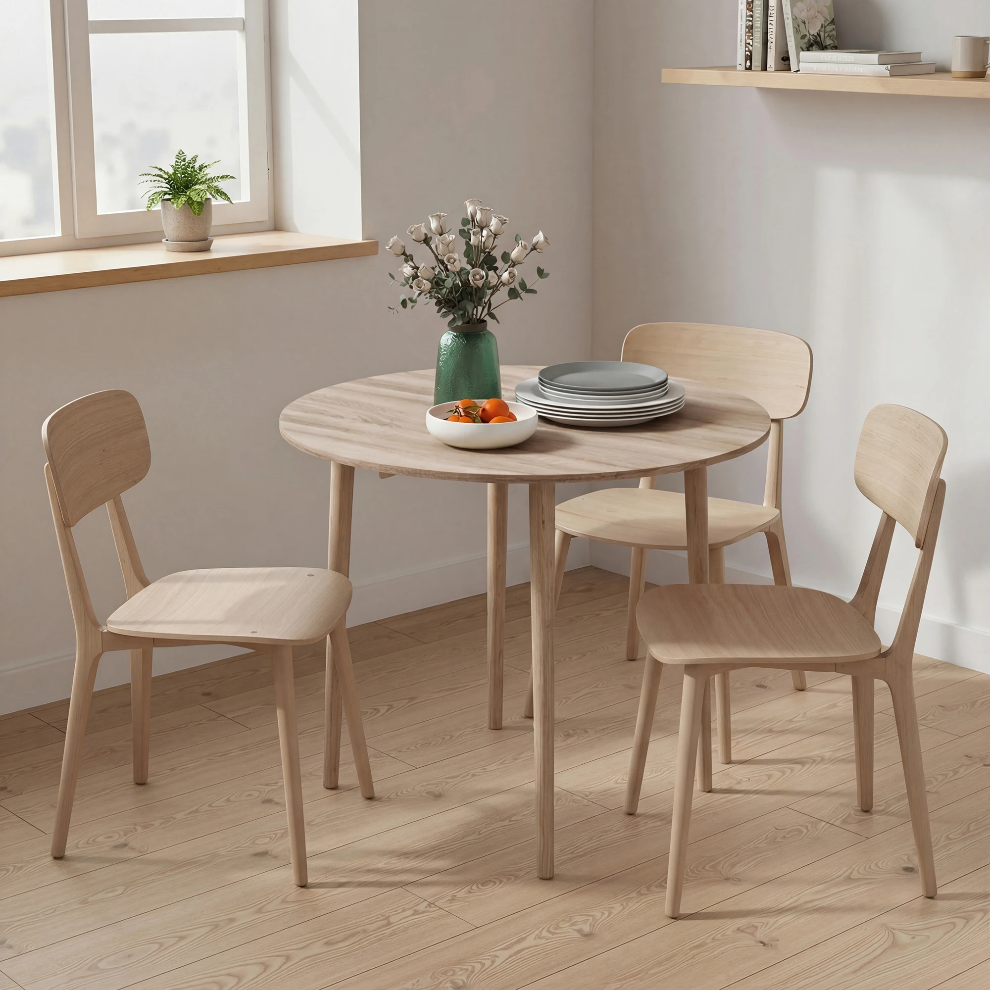 Hellfarbiger runder Couchtisch aus Holz, klappbarer Küchen-Esstisch, Wohnzimmer-Beistelltisch, kompakter, höhenverstellbarer Frühstückstisch, geeignet für kleine Esszimmer und Wohnungsküchen.