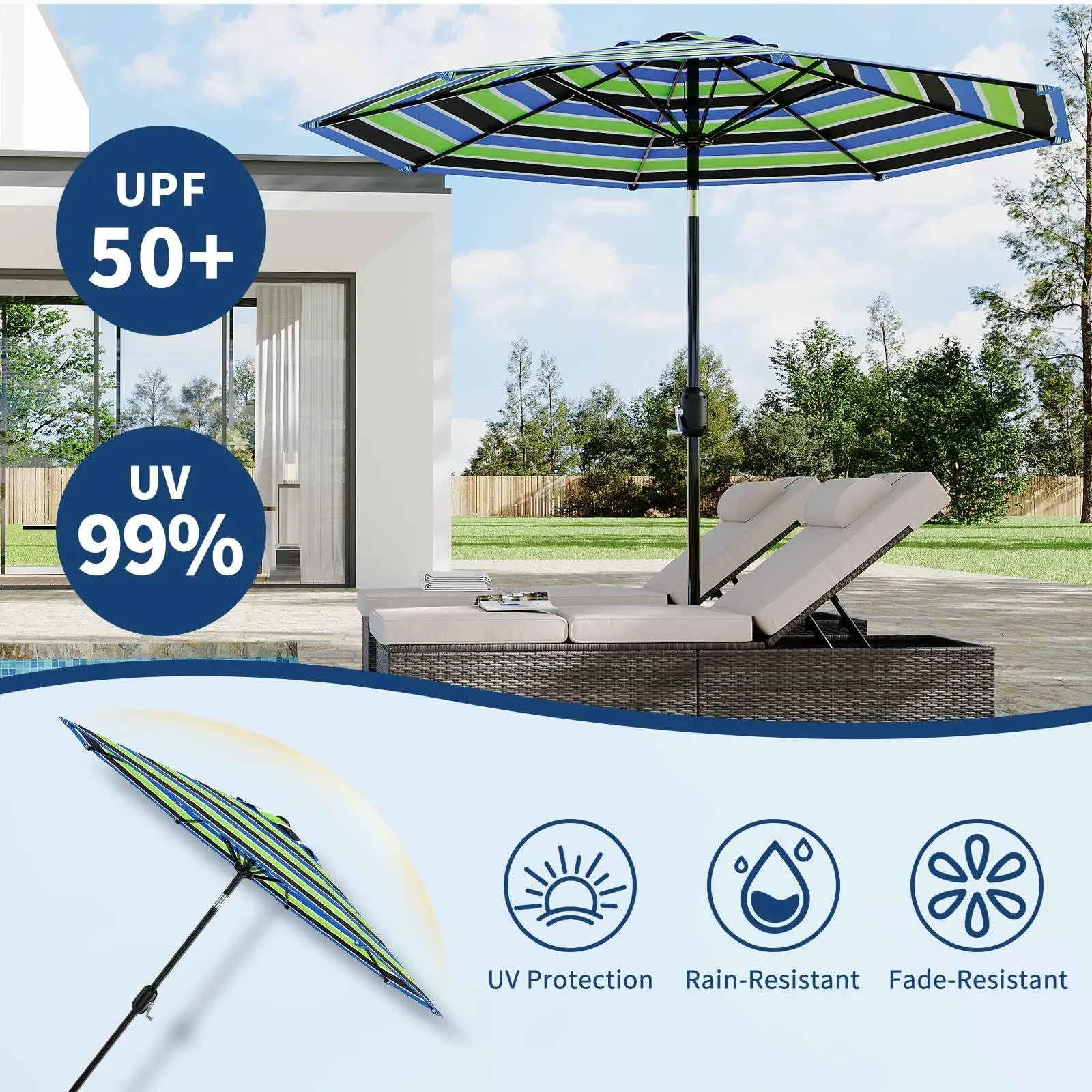 9Ft Patio Umbrella - 8 Sturdy Ribs Outdoor Table Umbrella with Crank Lift & Push Button Tilt - Market Umbrella for Pool, Deck, Yard, Garden - Tricolor Stripe