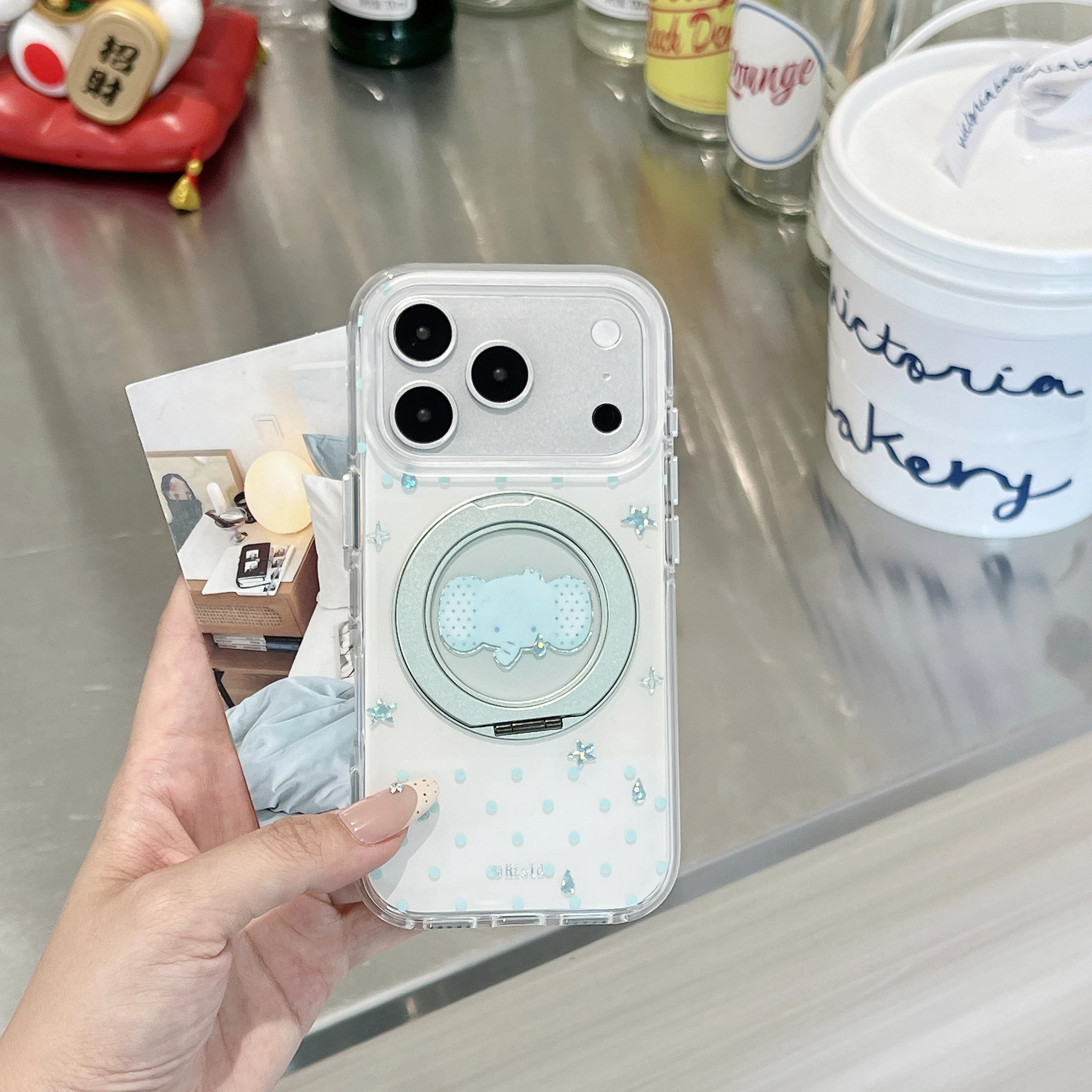 New Korea INS Cute Elephant Blue Polka Dot Print Phone Case for iPhone 17 Pro 16 Max 15 16 17 Pro Max 15 Pro with Magnetic Stand