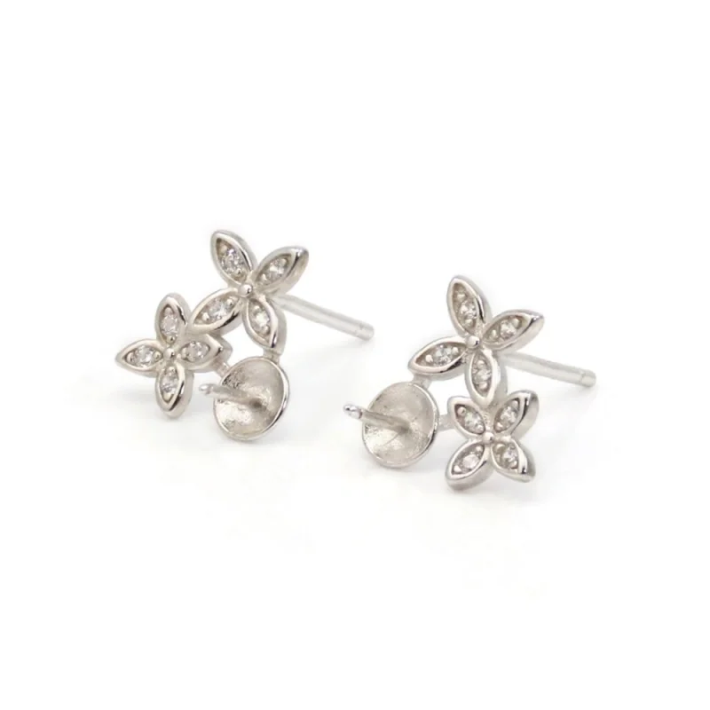 

2pcs 925 Sterling Silver Flower Ear Stud Earrings Settings Findings 11x11mm With Platinum Plated Zirconia For Half Drilled Beads