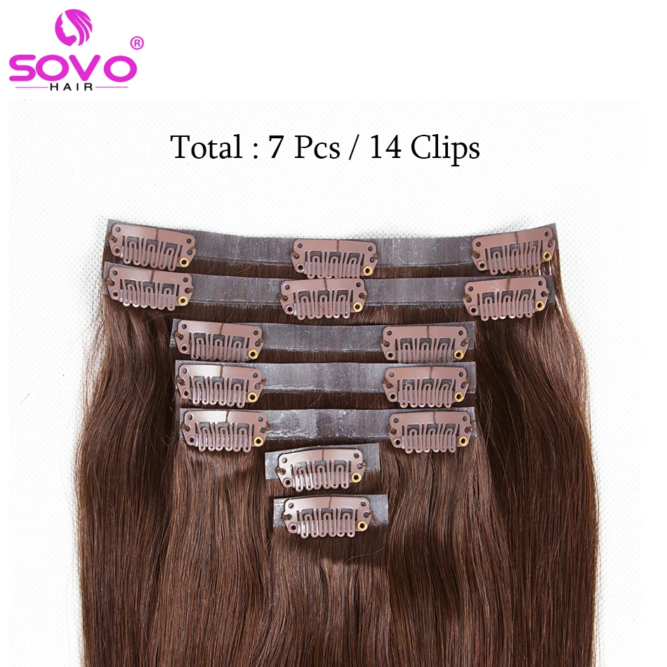 SOVO-extensiones de cabello humano con Clip recto, 7 Uds., 120g, Clip Invisible sin costuras de Pu en extensión de cabello humano, cabello Remy de color