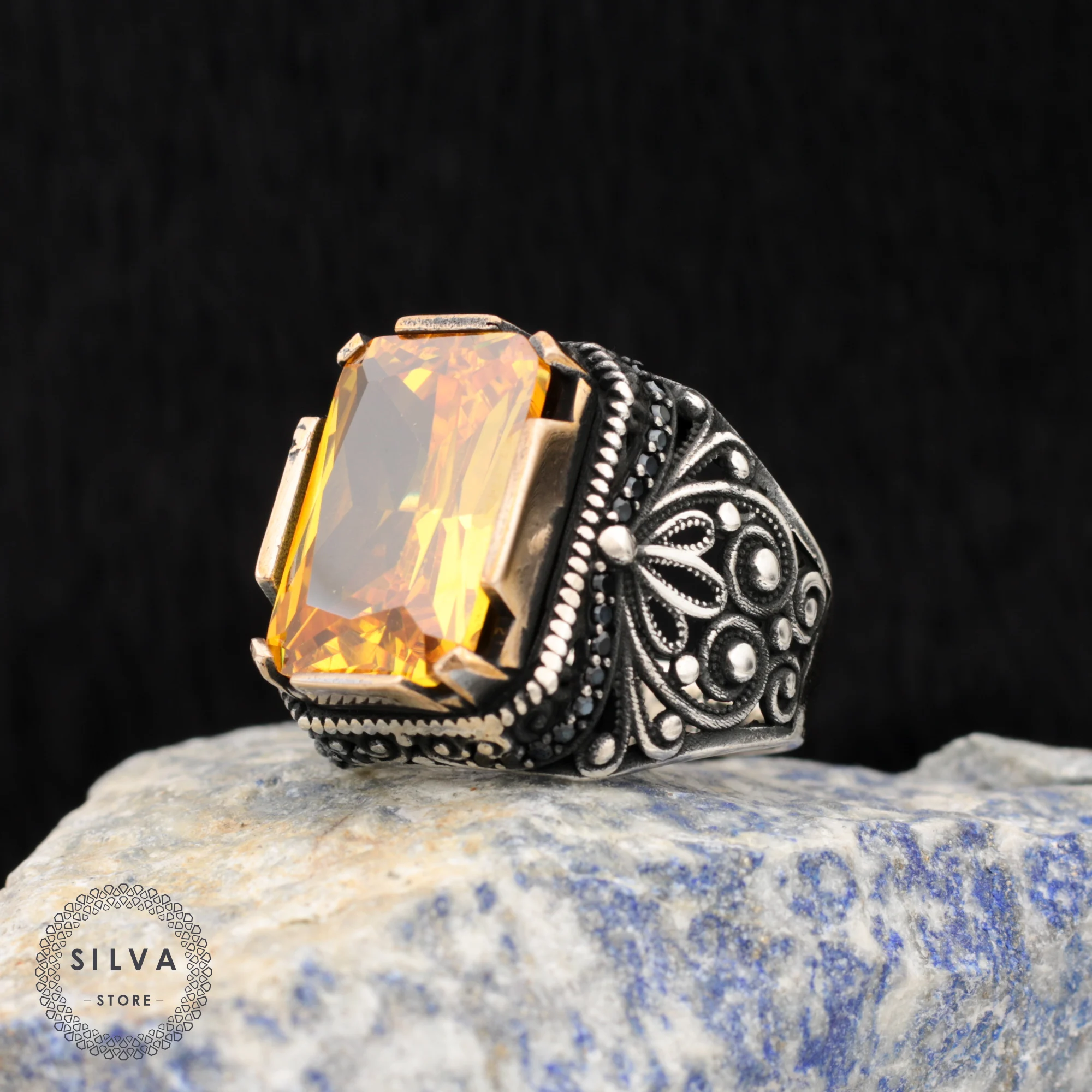 Original 925 Silver Men's Ring With Citrine Stone Turkish Man Jewellery Male Gift All Sizes Available