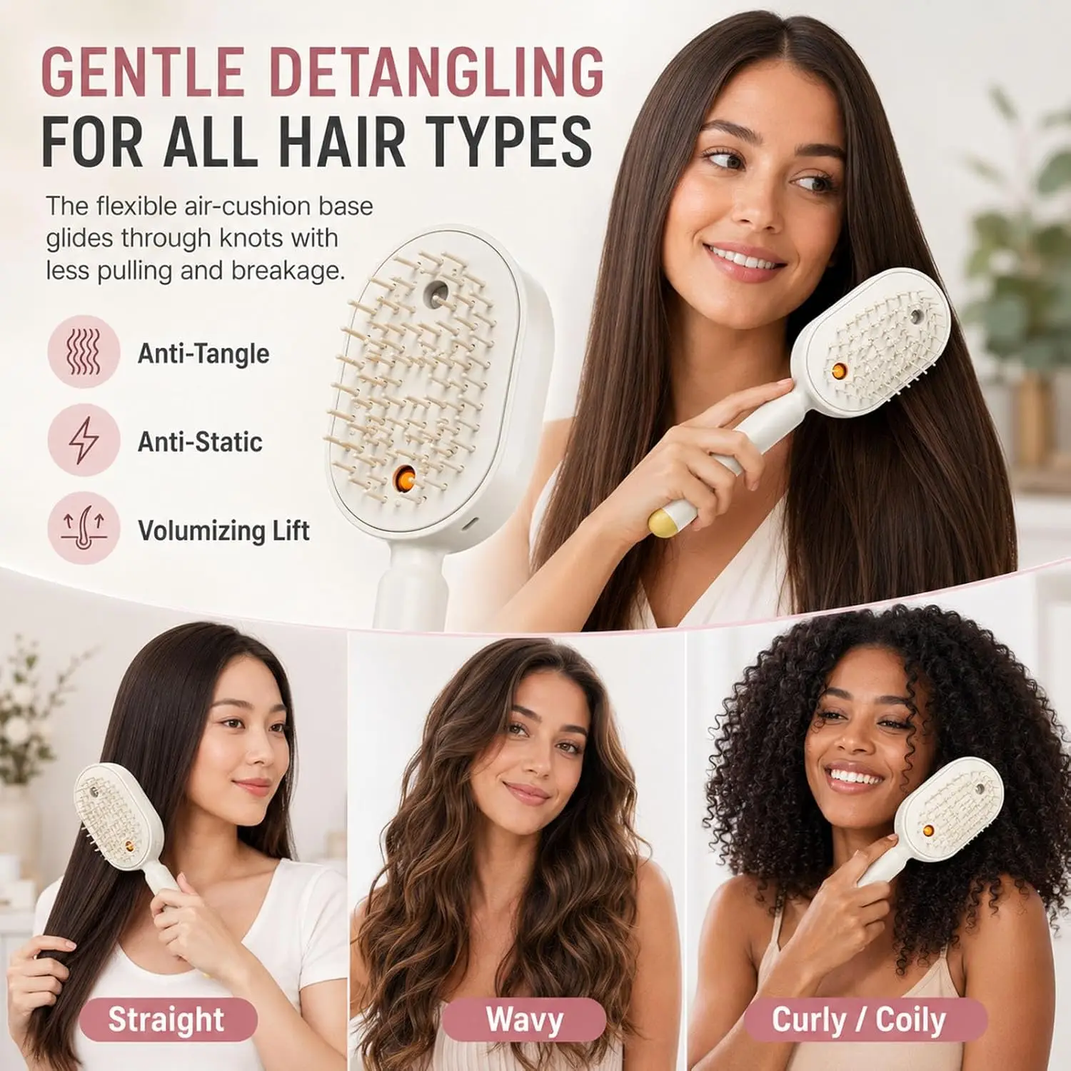 3-in-1 Electric Spray Hair Brush with Red Light Care One-Click Self Cleaning Air Cushion Massage Comb for Detangling Hair