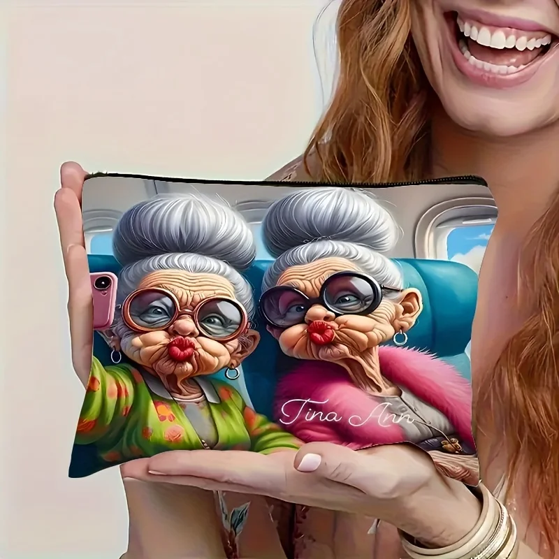 1Pc Cute Cartoon Grandma Selfie Retro Design Multifunctional Travel Makeup Bag, Snack Storage Bag, Stationery Storage Bag, Fashionable Toiletry Bag, Canvas Double-Sided Printed Zipper Pouch
