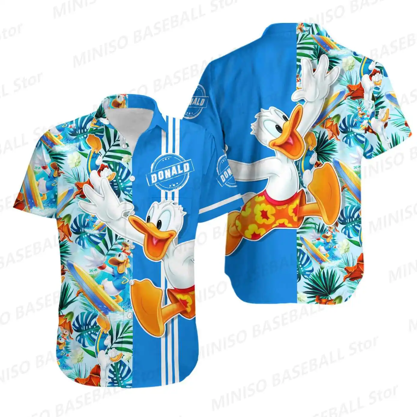 Disney-Chemise de dessin animé à manches courtes pour garçons et filles, Donald Duck Flower, vacances en bord de mer, chemise de style hawaïen, décontracté pour enfants et adultes, été, nouveau