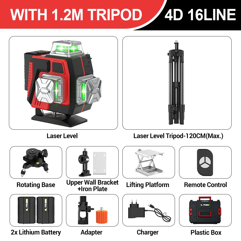 Professioneel 16-lijnen 4D-laserniveau Automatisch 3 °   Lijnhoudpaal Wand horizontaal en verticaal Super power Green Beam