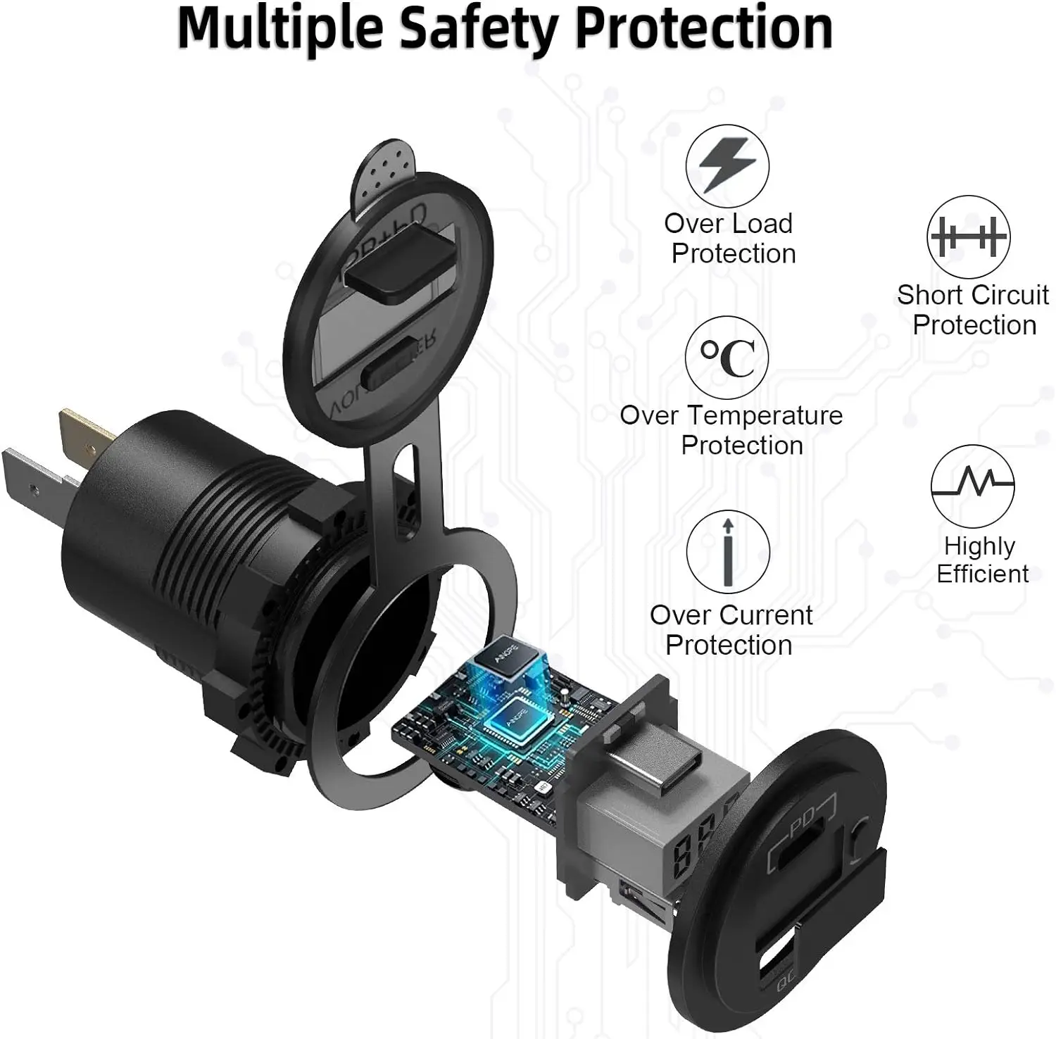 12V USB Car Charger Socket with Digital Display QC3.0 and PD Waterproof Power Outlet for Car RV Truck