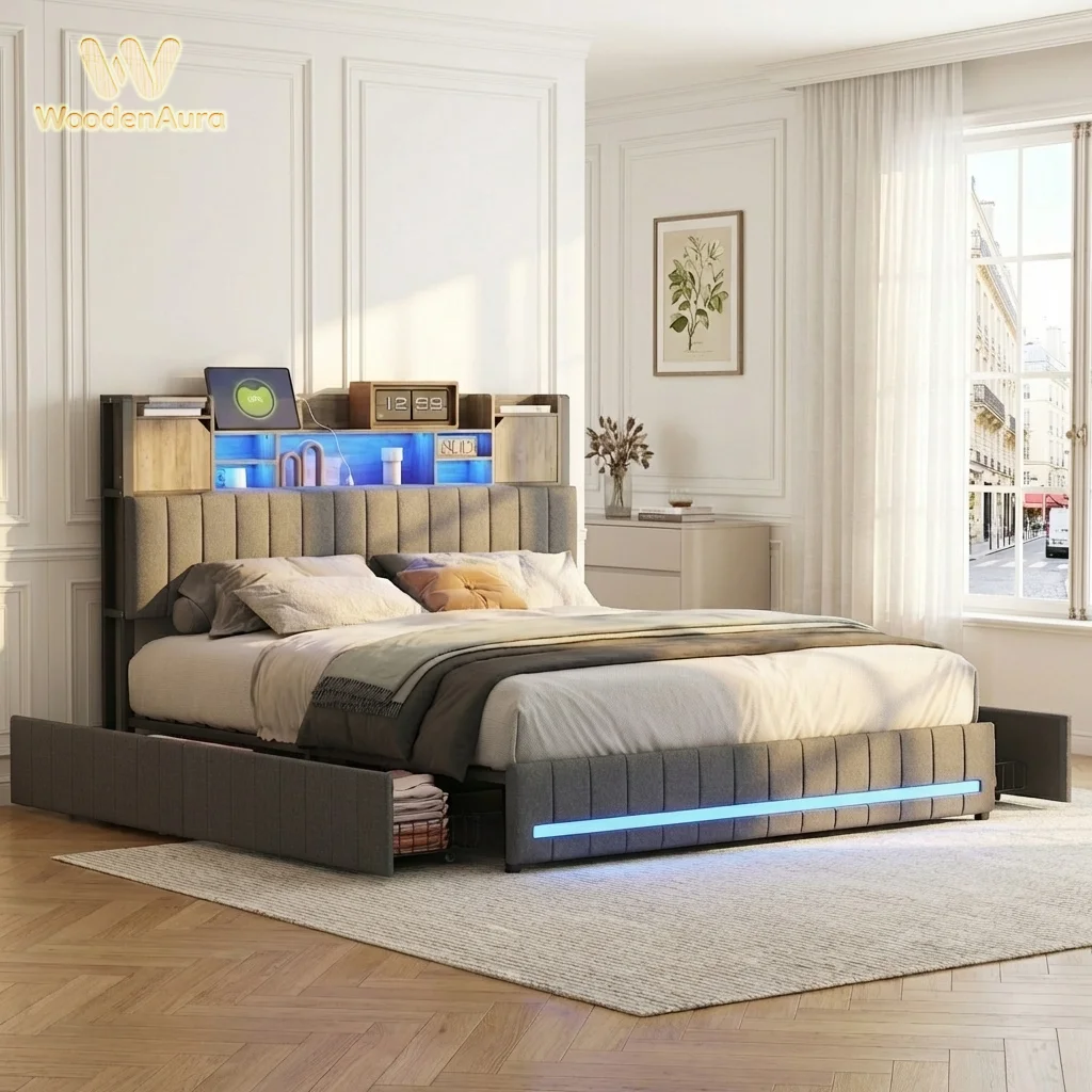 WoodenAura Cama doble tapizada de 140x190cm con 4 cajones, compartimento de almacenamiento en la cabecera, iluminación LED + puerto USB, tela de lino, gris