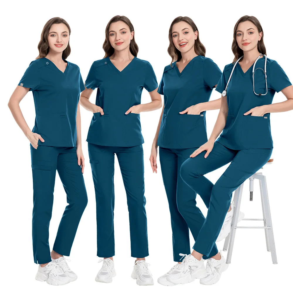 Unisex Workwear Suits Doctor Nursing Uniforms Short Sleeve V-neck Tops Pocket Pants Nurse Scrubs Set Medical Clinical Clothes