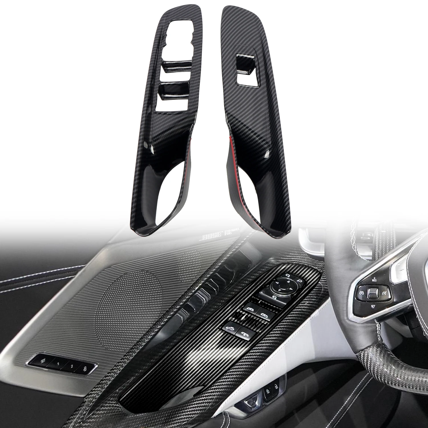 

LHD! For Chevrolet Corvette C8 2020-2022 Car Accessories ABS Plastic Carbon Car Front Door Window Lift Switch Cover Trim 2pcs