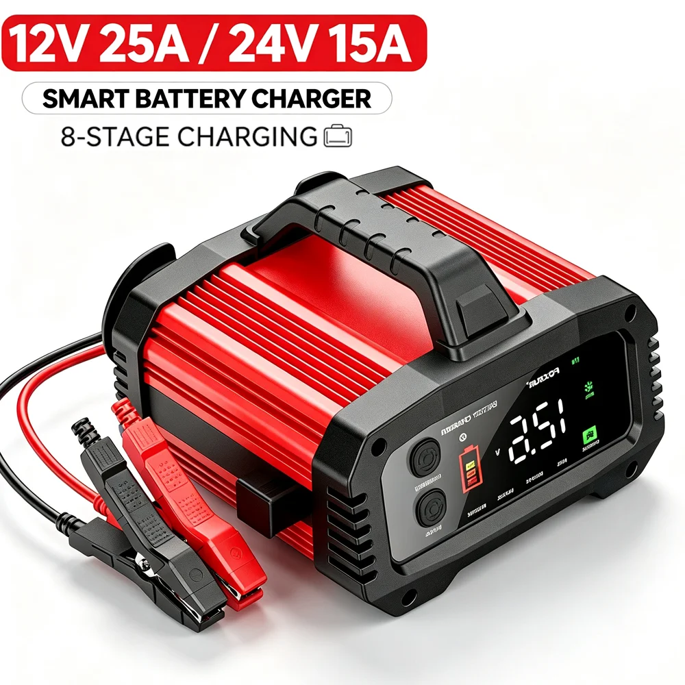 25A/15A Tragbares Auto-Batterieladegerät 12V 24V Automatisch für Motorrad LKW AGM LiFePO4 Blei-Säure Start-Stopp-Batterie mit Reparaturfunktion