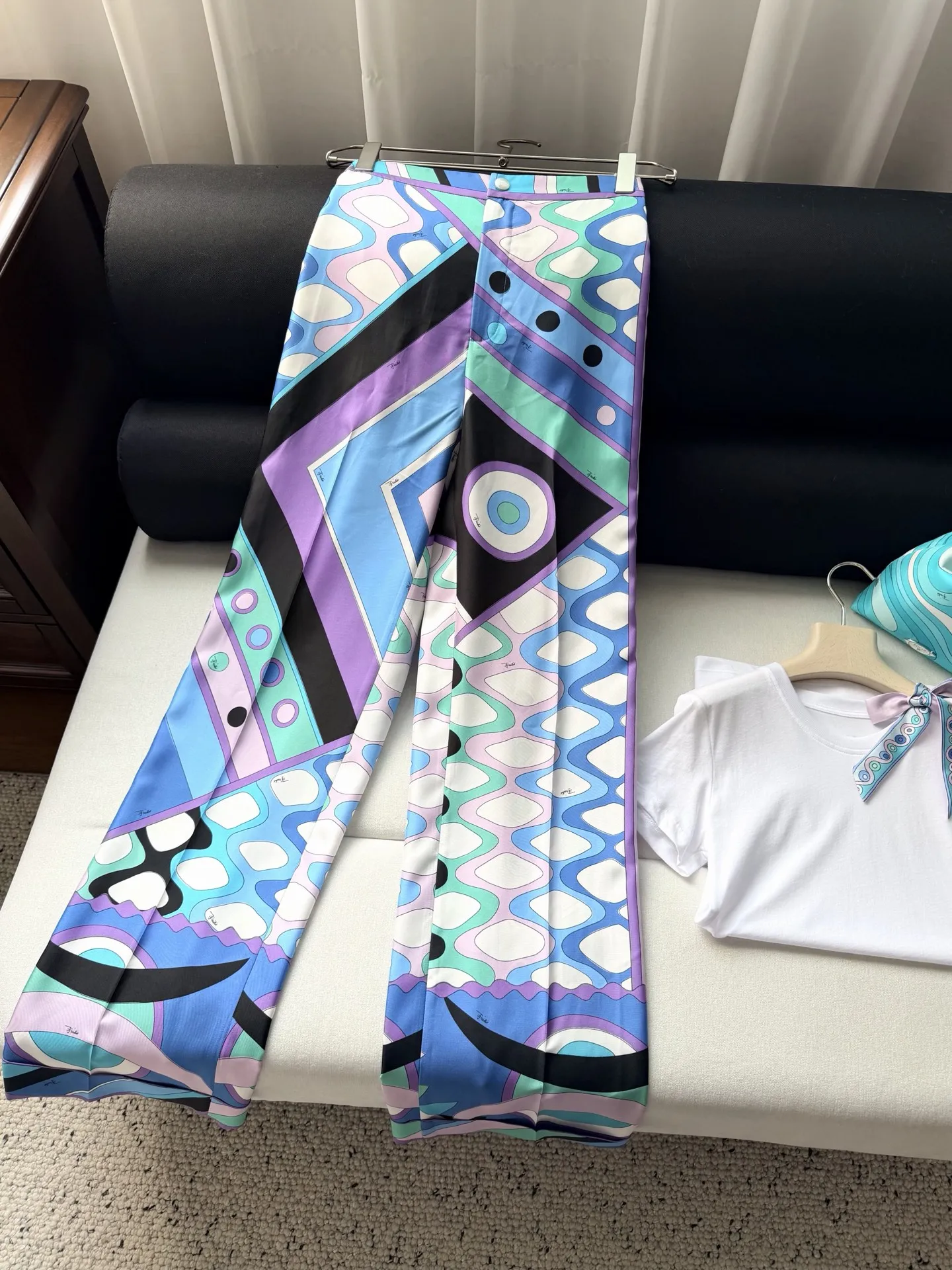 

Роскошные дизайнерские брюки Puc с сине-фиолетовым геометрическим принтом, атласные широкие брюки-палаццо с высокой талией для женщин, элегантные шелковые брюки