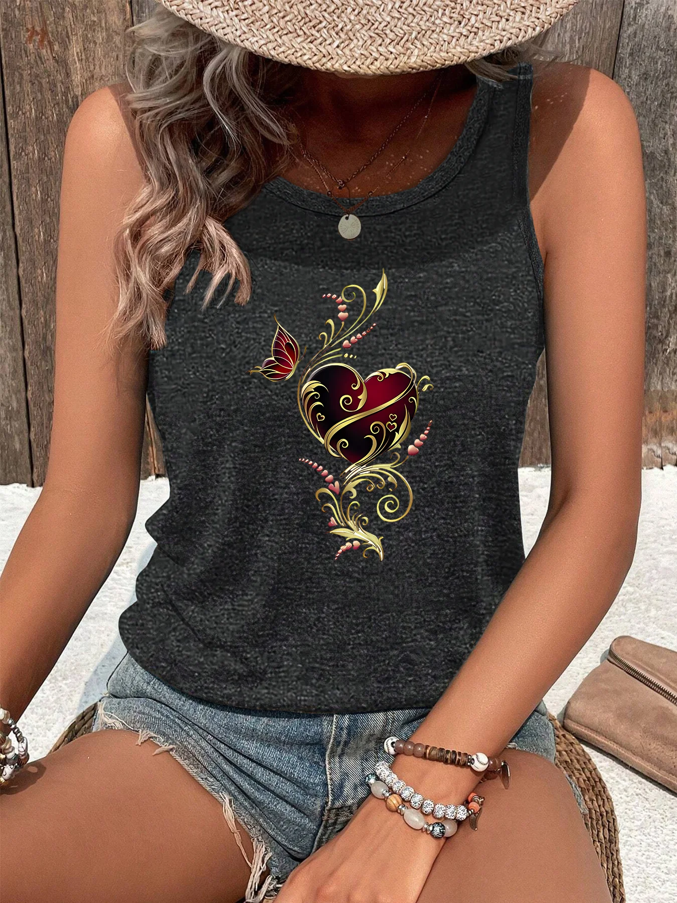 Metal Butterfly & Hollow Heart Fashion Funny Sports Women's Tank Top Loose O Neck Sleeveless Casual Tank