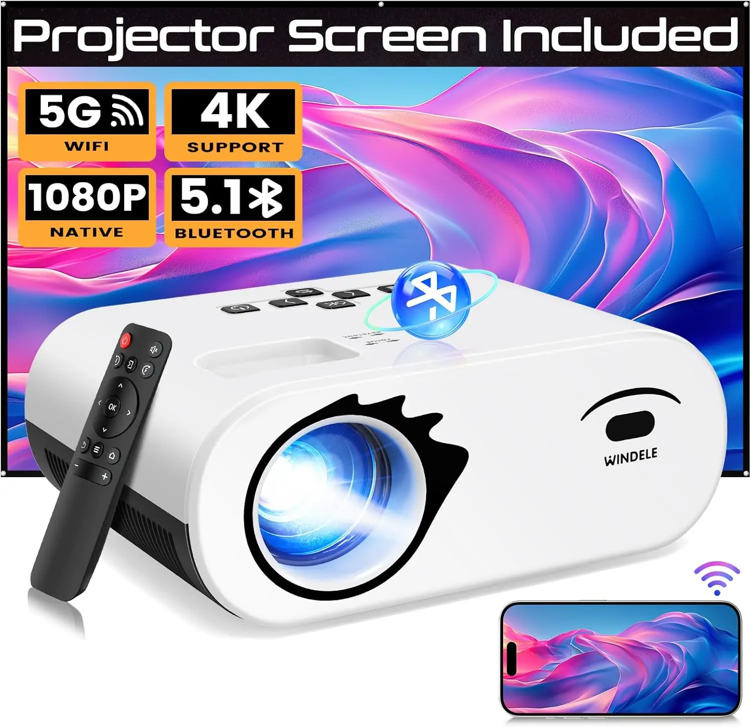 

1080P Full HD Portable Projector, Bluetooth Movie Projector With Projector Screen, Compatible with TV Stick/Smartphone/HDMI/USB