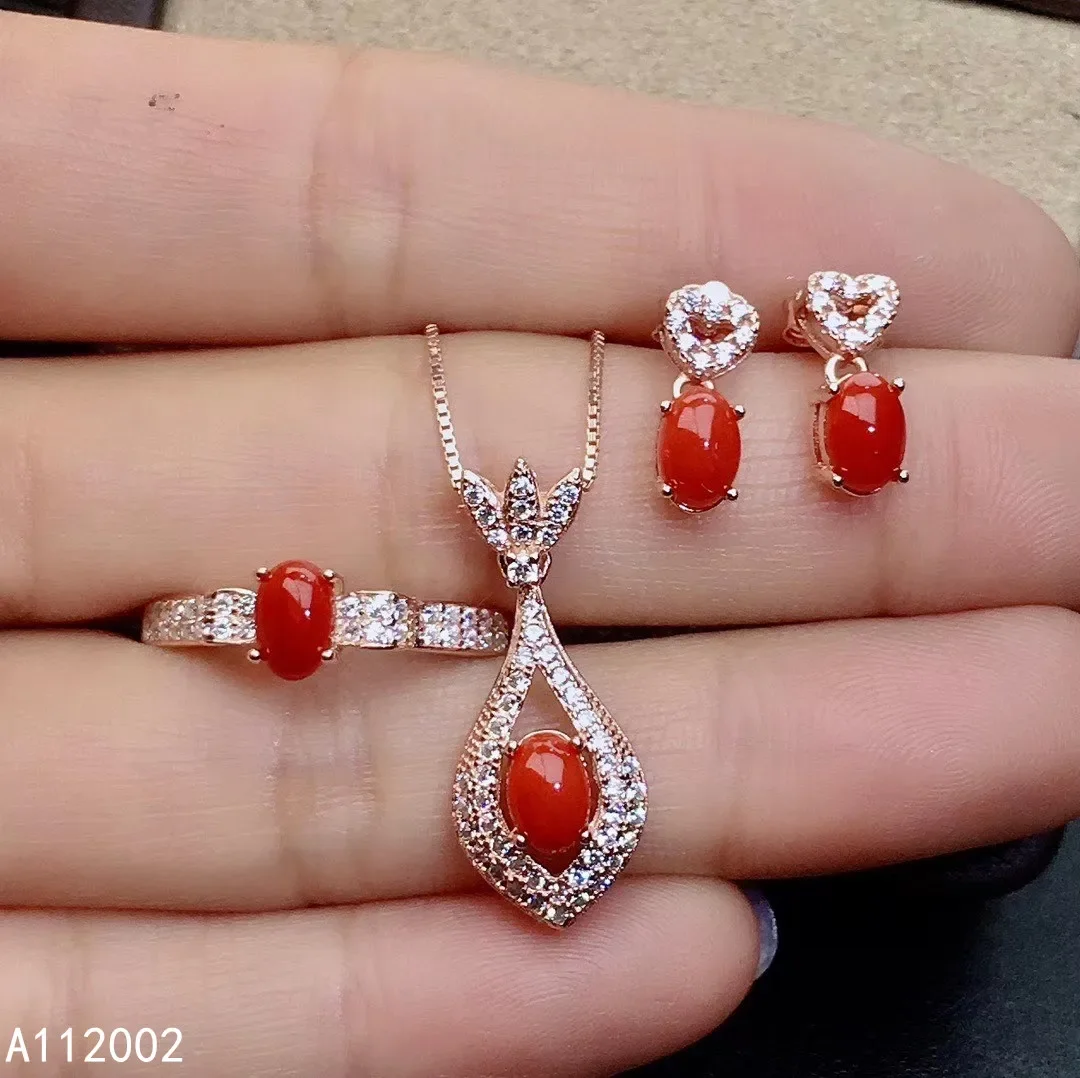 

KJJEAXCMY Women Natural Red Coral Gem Necklace Pendant Ring Earring Set 925 Pure Silver Plated Rose Gold Water Drop Party Gift