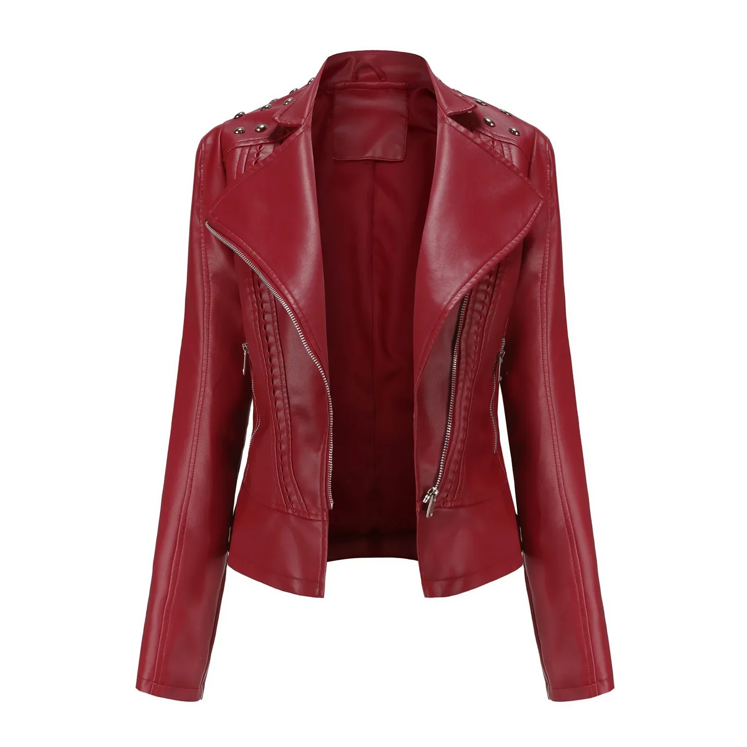 Damska kurtka skórzana Punk Rivet Wiosna Jesień Retro Kołnierz Turndown Slim Casual Ladies Faux Soft Leather Moto Biker Odzież wierzchnia — zdjęcie 2