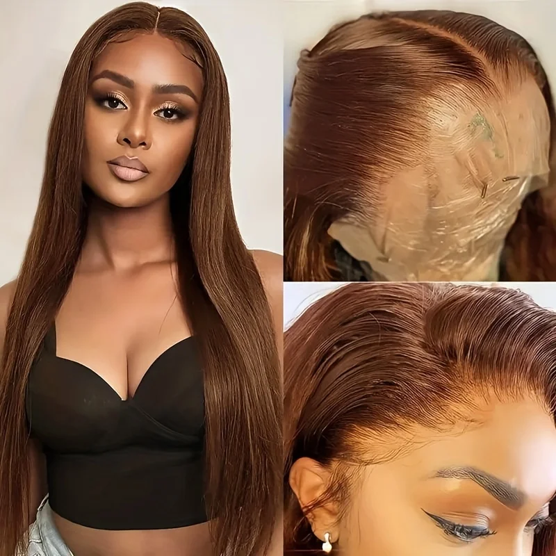 200% Chocolate Brown Bone Straight Human Hair Wig For Women 13x6 Lace Frontal Wigs Pre Plucked Brazilian Virgin Wigs For Women