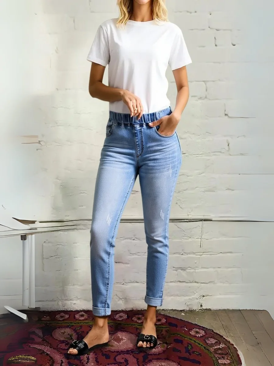 【HME】กางเกงยีนส์เดนิมขายาวหรูหราสำหรับผู้หญิง - ความยืดหยุ่นสูง สีทึบ ทอ ความยาวเต็ม กระชับพอดีพร้อมรายละเอียดปุ่ม