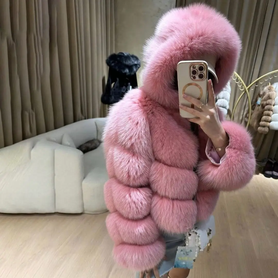 Fashion Short Natural Fox Fur Jacket with Hood High Quality Woman New Genuine Fox Fur Coats Luxury Women Fur Overcoats Natural