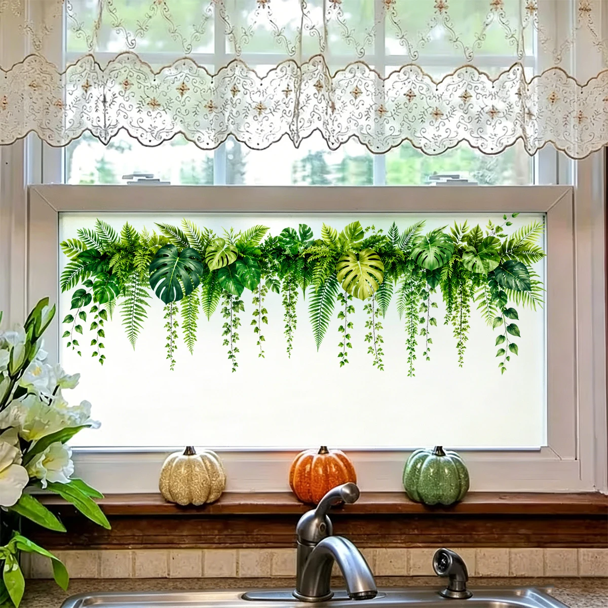 Tropische Grünpflanzen-Fensteraufkleber für Glas, Abnehmbare Hängende Ranken-Fensterdekoration, Küchenfenster-Deko für Wohnzimmer und Schlafzimmer