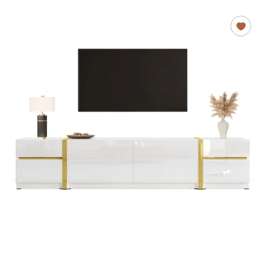 Luxueuze tv-meubel, tv-kast, hoogglans afwerking, goudkleurige randen, met laden en deuren, moderne stijl, biedt veel opbergruimte.