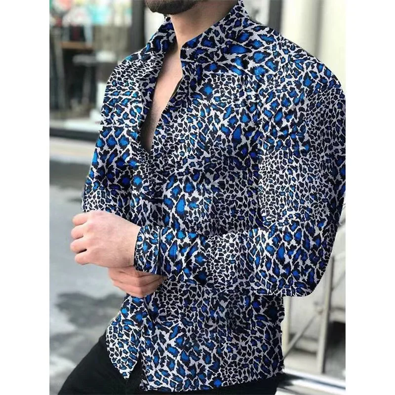 Fashion Luxury Leopard Print Men\'s Shirts Single Breasted Shirts Casual Camo Turbulence Print Long Sleeves Men\'s Hawaiian Tops