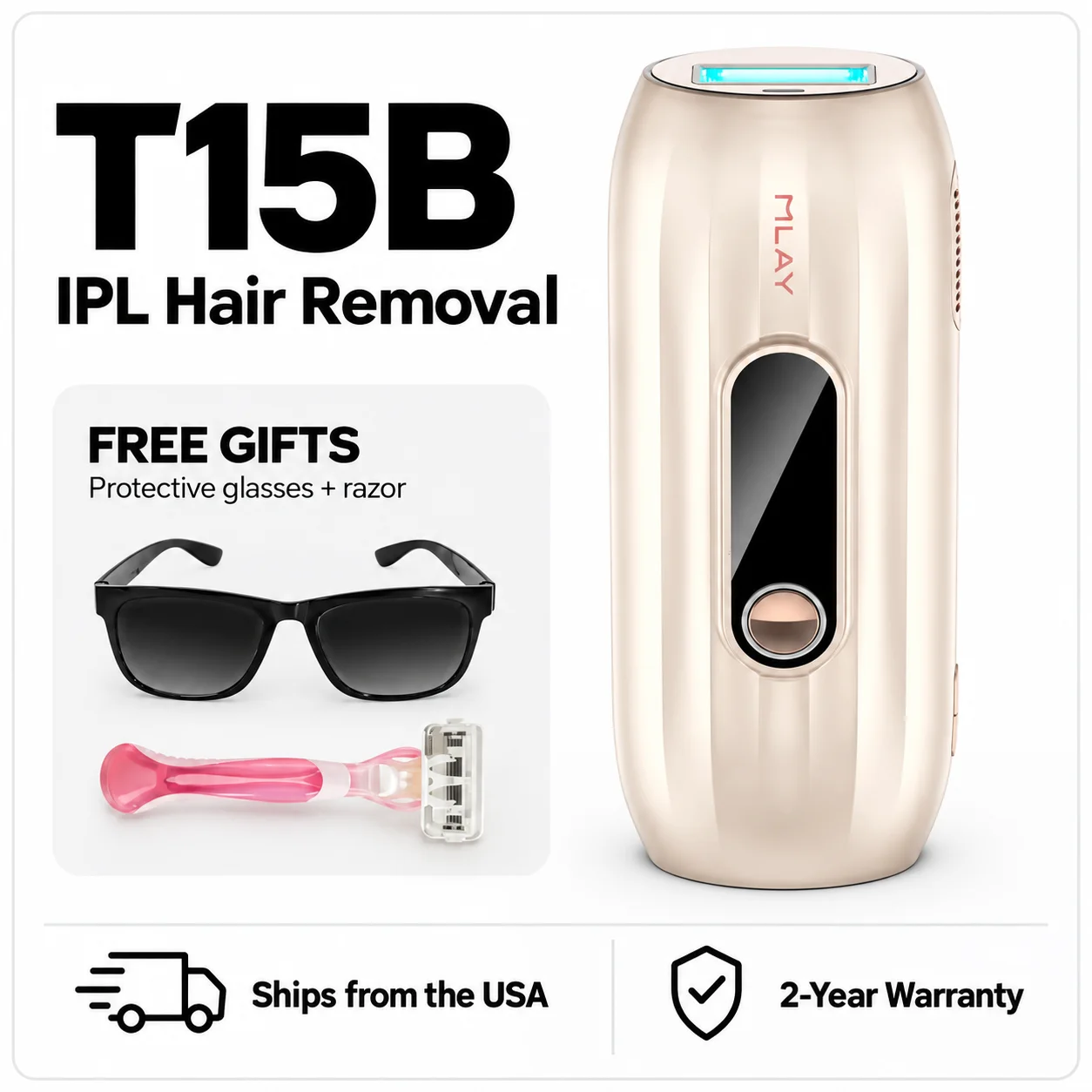 MLAY T15 IPL Hair Removal Device with Ice Cooling,Intelligent Skin Tone Recognition,5 Energy Levels, 2 Modes,Plug-In Design