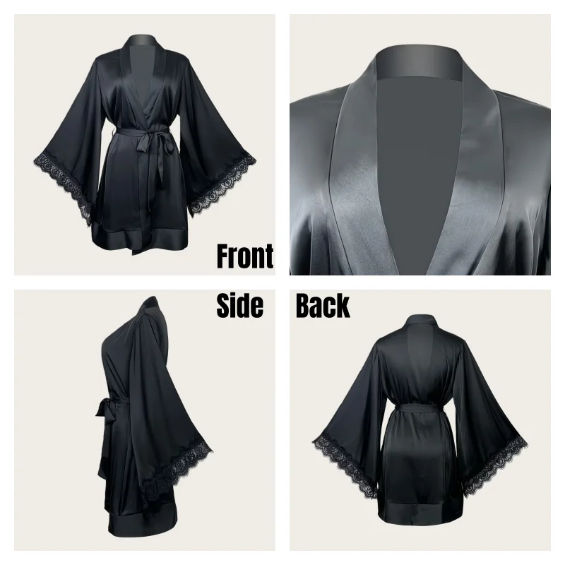 European and American Style Women's High-End Imitation Silk Fabric Loungewear Long-Sleeved Lace-Trimmed Satin Long Nightgown