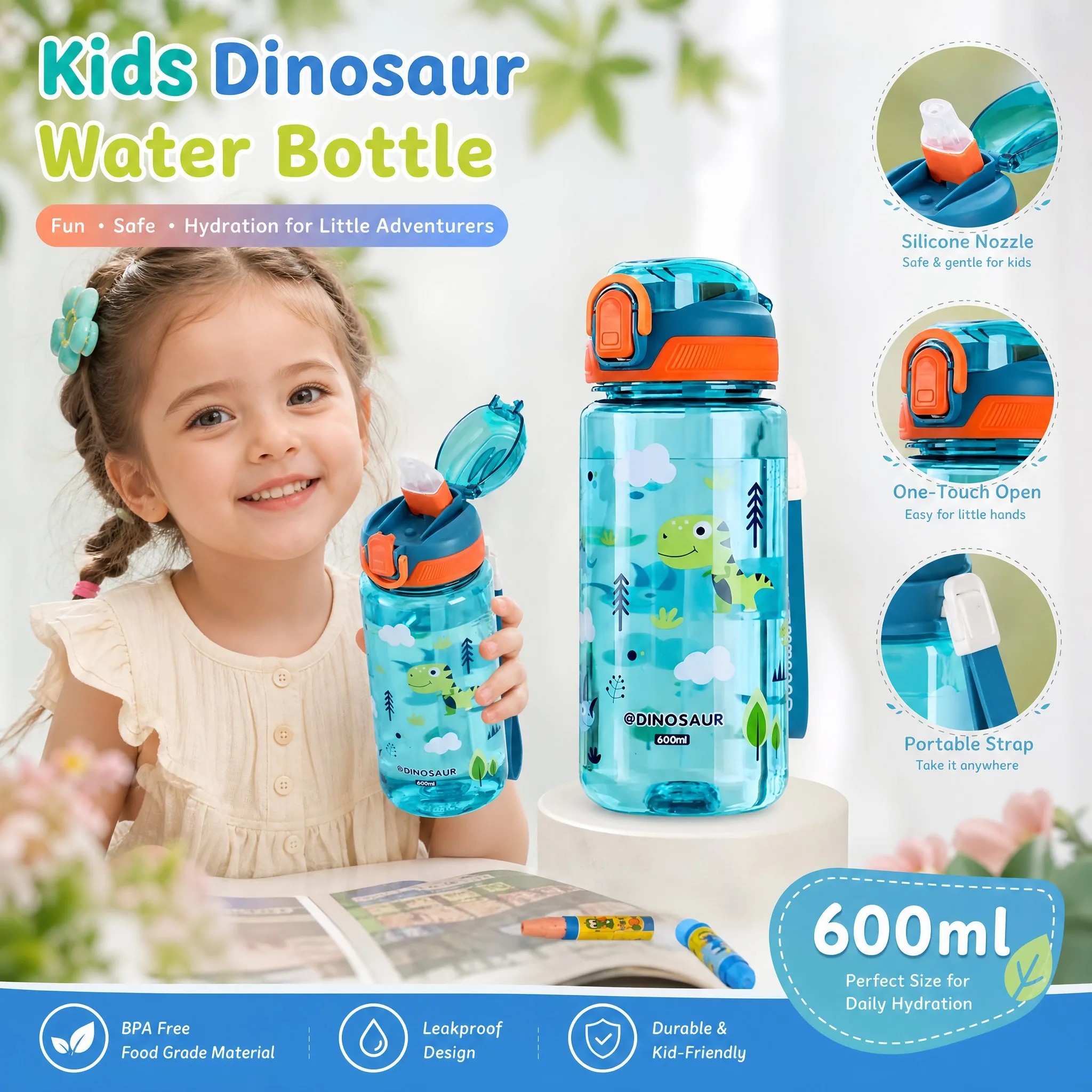 600ml Cartoon Animal Water Bottle Portable Safety Lock Cute Straw Cup Kids Leak-proof Drinking Jug For Outdoor Camping Travel