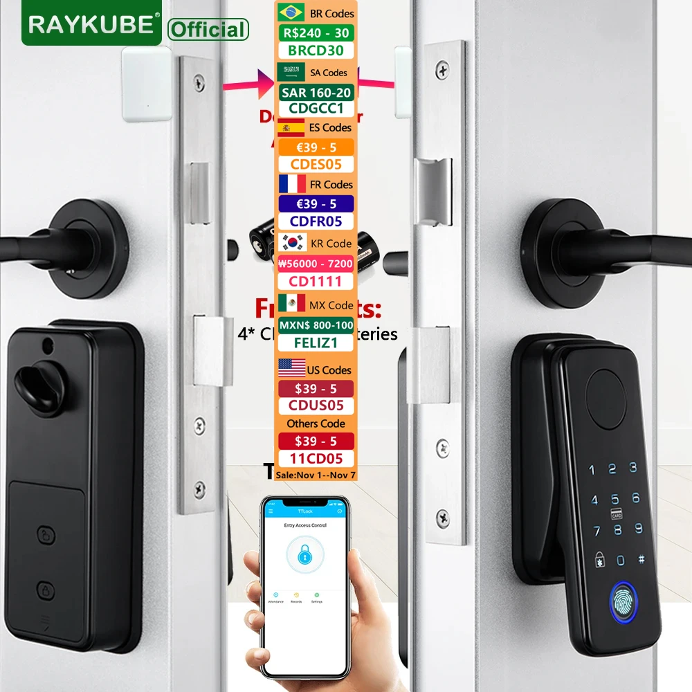 

RAYKUBE N1 TT Lock Auto Smart Fingerprint Lock Set with Handle/Door Sensor APP Remote Unlock Easy Install No Punching No Wiring