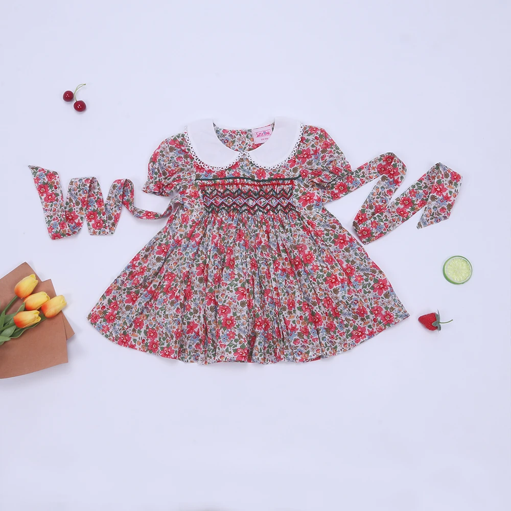 2024 Hand Smock Exquisite Summer Cotton Red Flower Short Sleeved White Doll Lape Neck Dress Girl Skirt Bow Binding Clothes