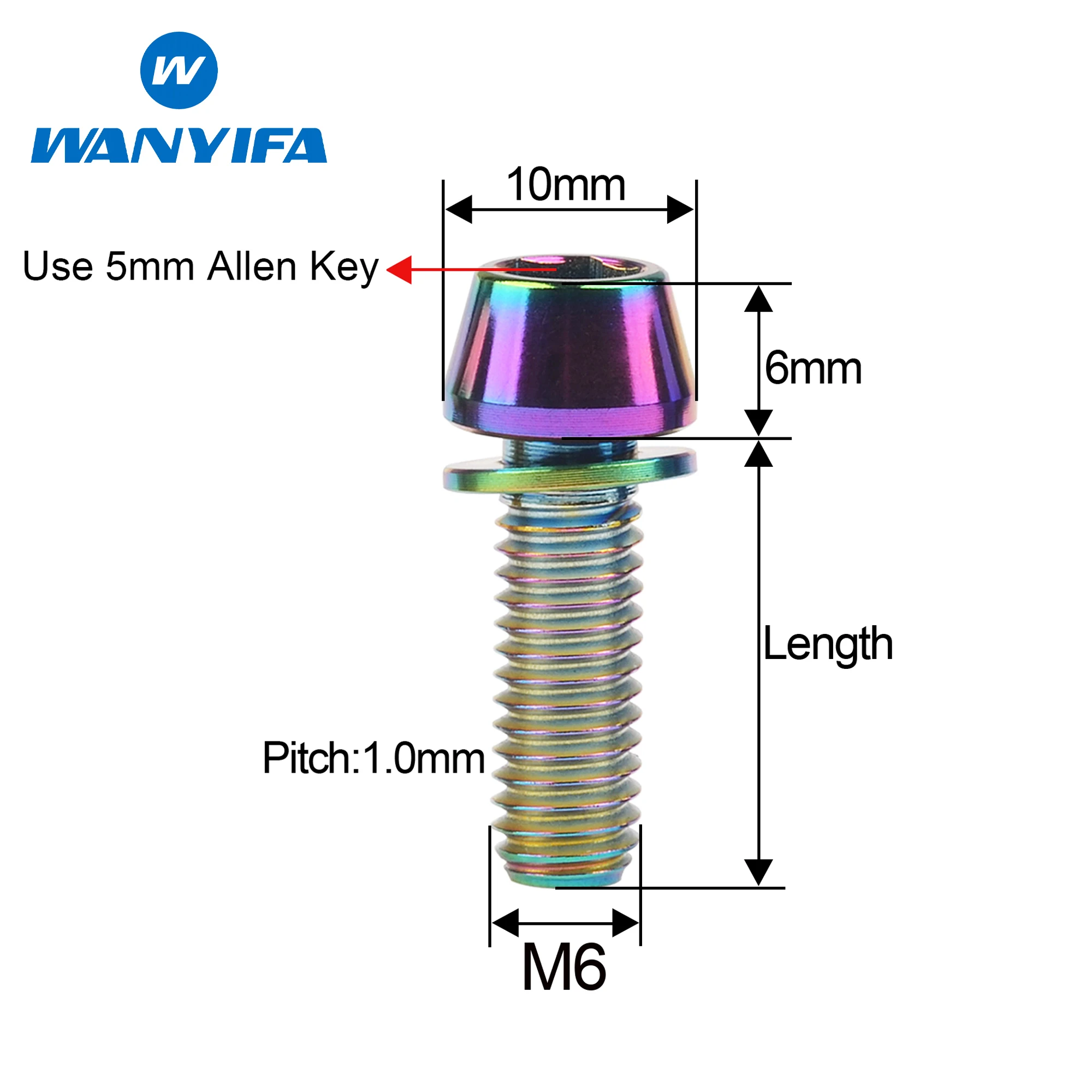 Wanyifa Titanium Bolt M6x16 18 20 25mm Taper Hex Head with Washer Screw for Bicycle Stem Disc Brake Bottle Cage Ti Fasteners