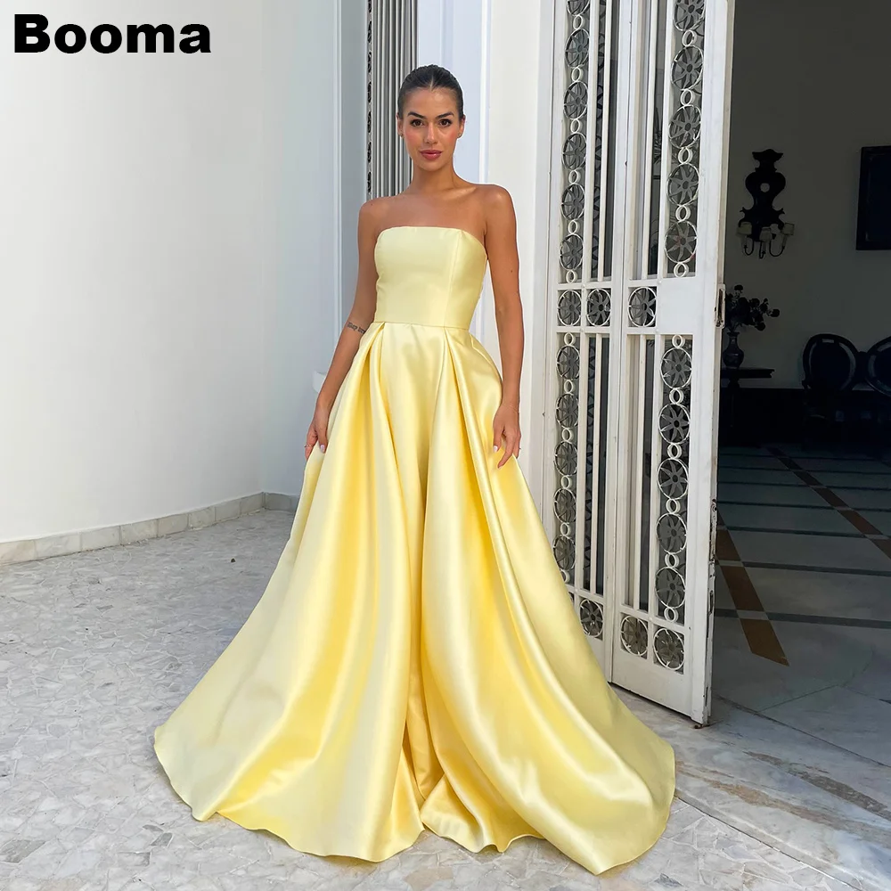 Booma Yellow A-Line Simple Evening Dresses Strapless Sleeveless Satin Formal Party Gowns for Women Floor Length Prom Dresses