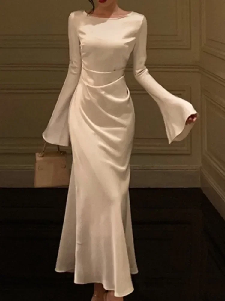 Nowa jesienna elegancka sukienka midi dla kobiet z rozkloszowanym rękawem Slim Mermaid Spring New French Vintage Wedding Party Vestidos Robe Mujers — zdjęcie 2
